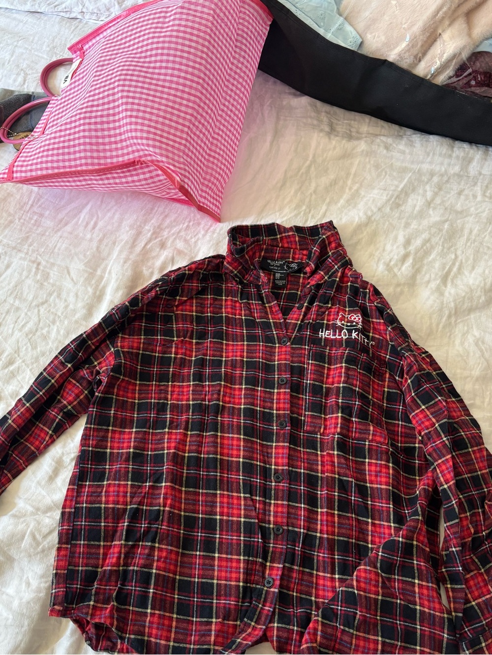 Forever 21 Red and Black Plaid Hello Kitty Button-Up